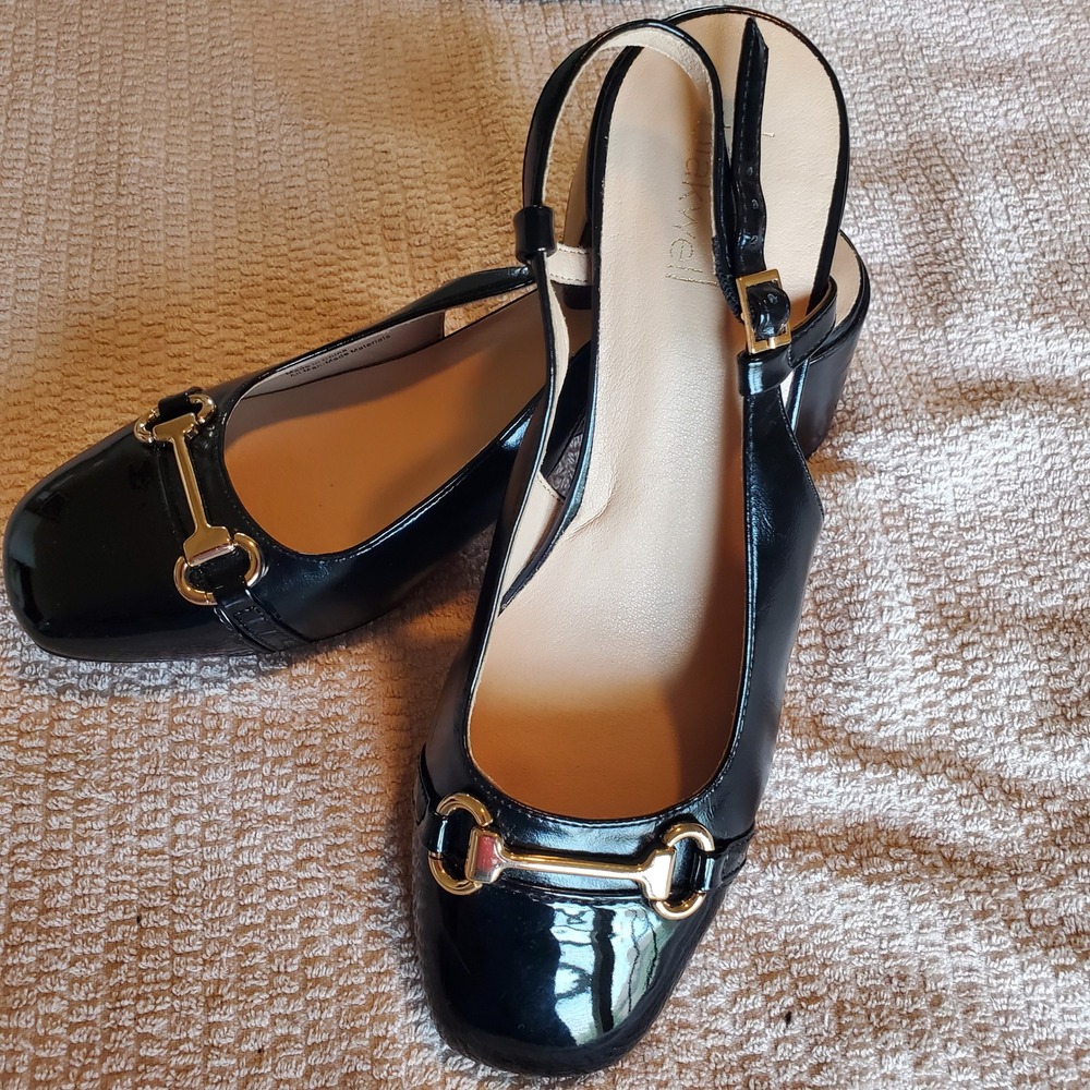 Lauren Blakwell Tatum Black Slingback Block Heel Pumps Gold Horsebit Womens 8.5M